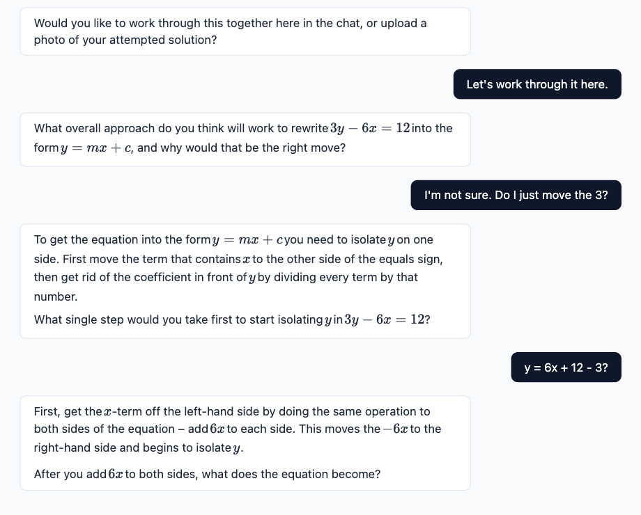 Homework Help: the tutor guides a student to rearrange 3y − 6x = 12 with questions instead of the answer