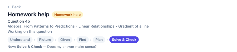 A homework question with the step tracker Understand, Picture, Given, Find, Plan, Solve & Check